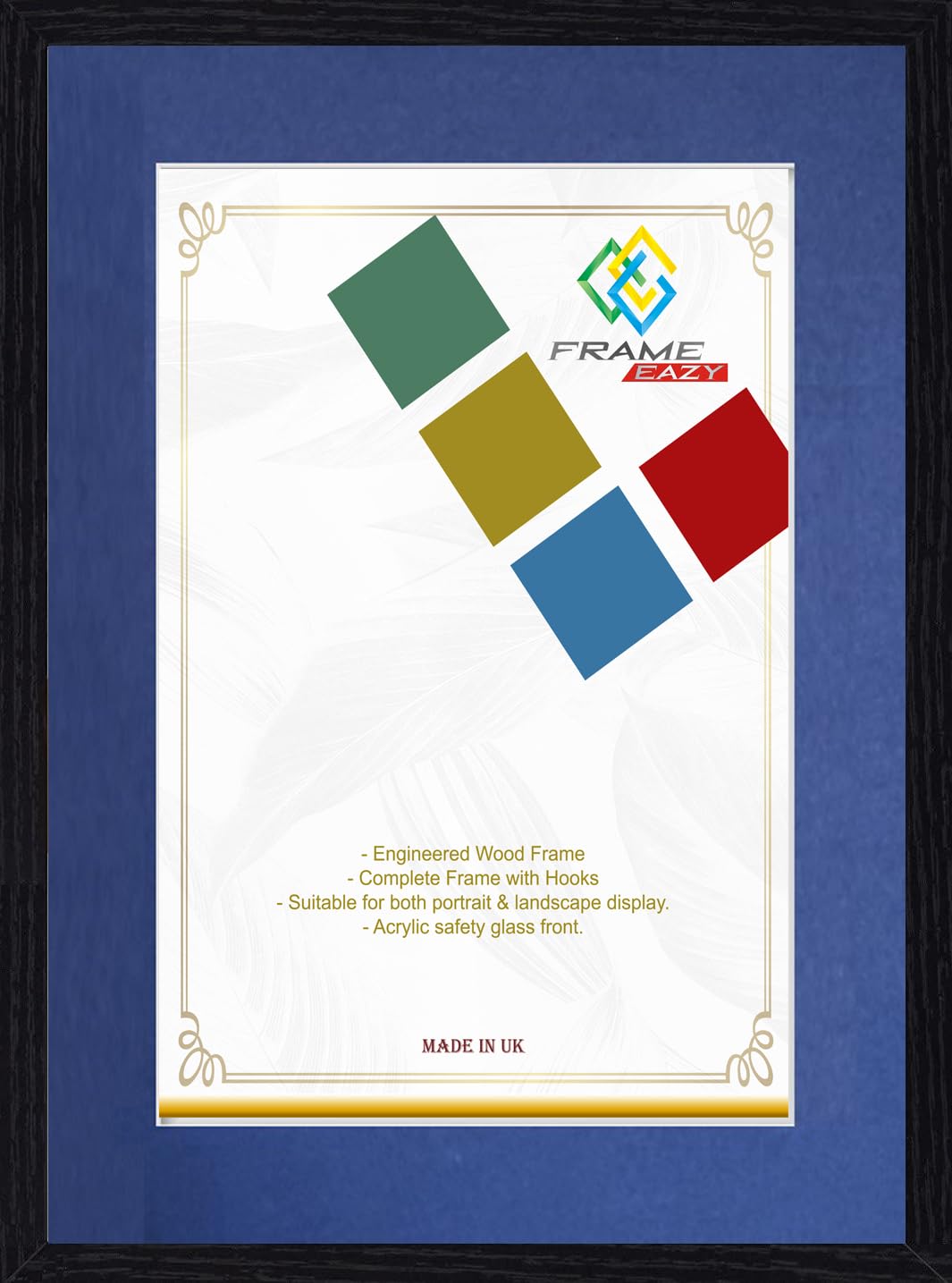 FRAME EAZY Black 16x12 Photo Frame with 12x10 Blue Mount to Hang Portrait or Landscape - Thin Picture Frame With Safe Perspex Front - 16" x 12" For Picture Size 12" x 10"