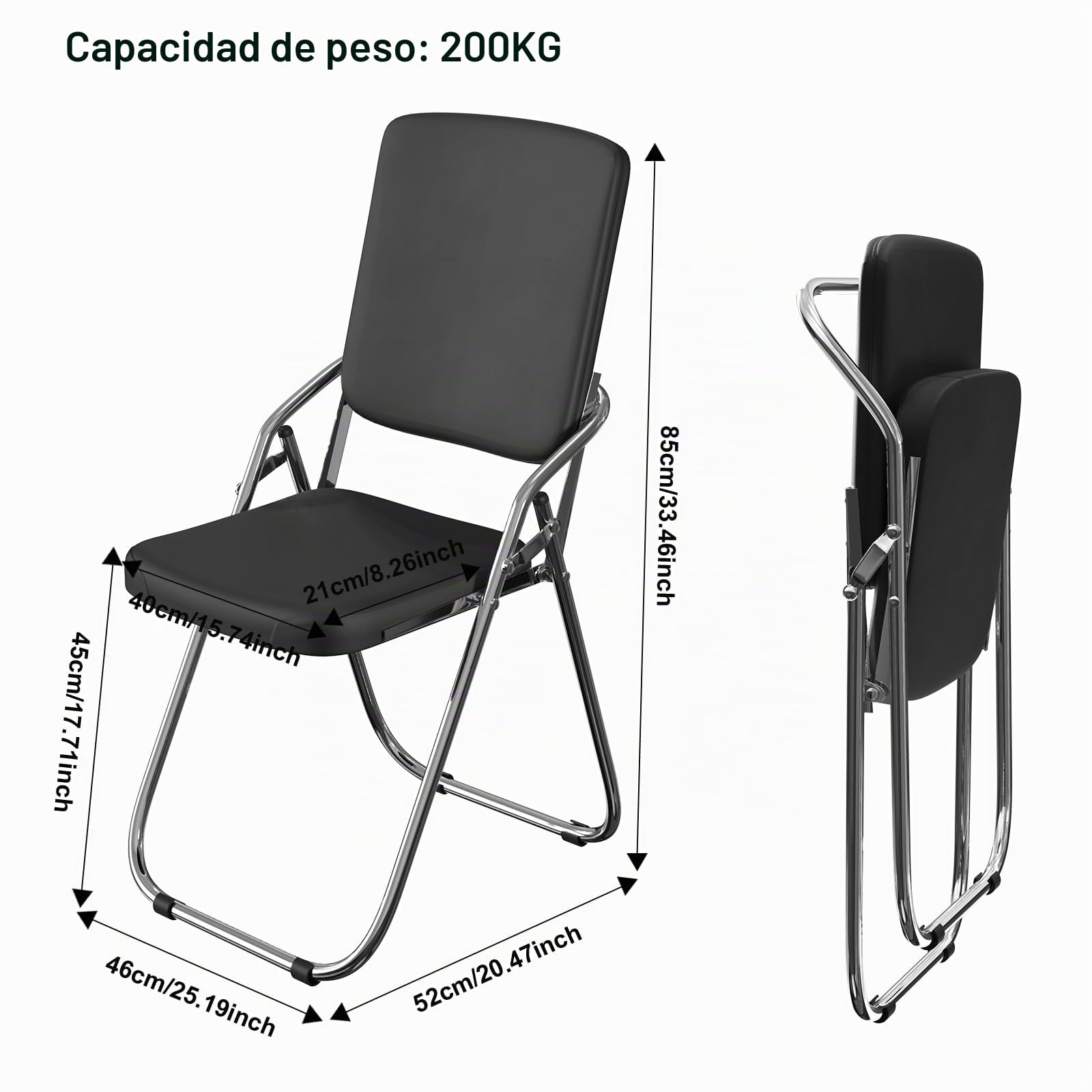 Silla Plegable de Metal Piel Sintética con Asiento y Respaldo Tapizado Sillón Sillas Plegables para el Hogar, al Aire Libre, Cocina, Oficina, Silla Plegable Acolchada, Negro, 1 Pieza