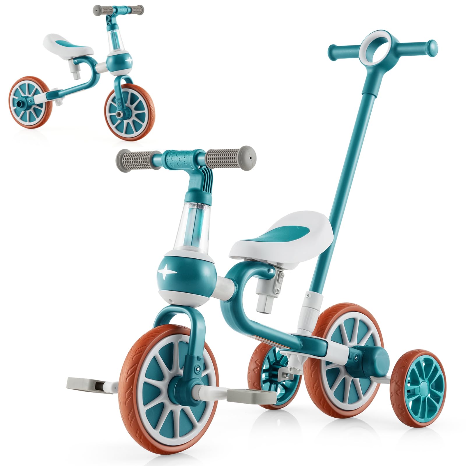 GYMAX 4 in 1 Kids Trike, Toddler Bike with Adjustable Push Handle, 2-Level Seat Height, Removable Pedals and Training Wheels, Baby Balance Bike Birthday Toys for Boys & Girls (Green)