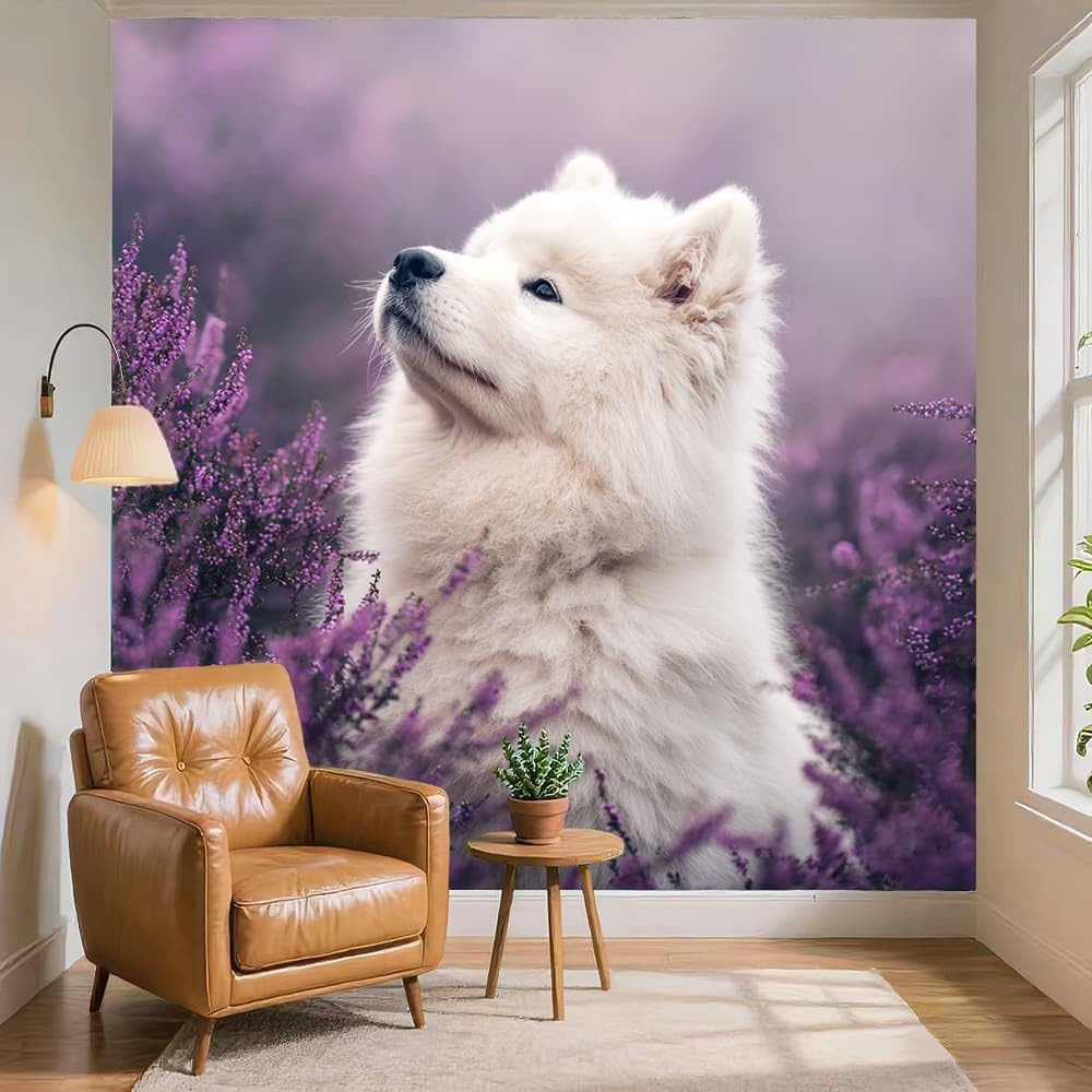 Naklejka ścienna dla dzieci tapeta do pokoju dziecięcego 350 x 256 cm pies Samoyedo 3D dekoracja ścienna naklejka na ścianę fototapeta fioletowa tapeta domowa naklejki dla dzieci dziewczynki