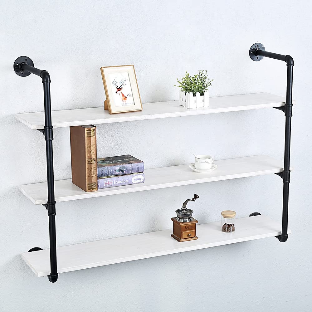 Industrial Pipe Shelving Wall Mounted,48in Rustic Metal Floating Shelves,Steampunk Real Wood Book Shelves,Wall Shelf Unit Bookshelf Hanging Wall Shelves,Farmhouse Kitchen Bar Shelving(3 Tier)