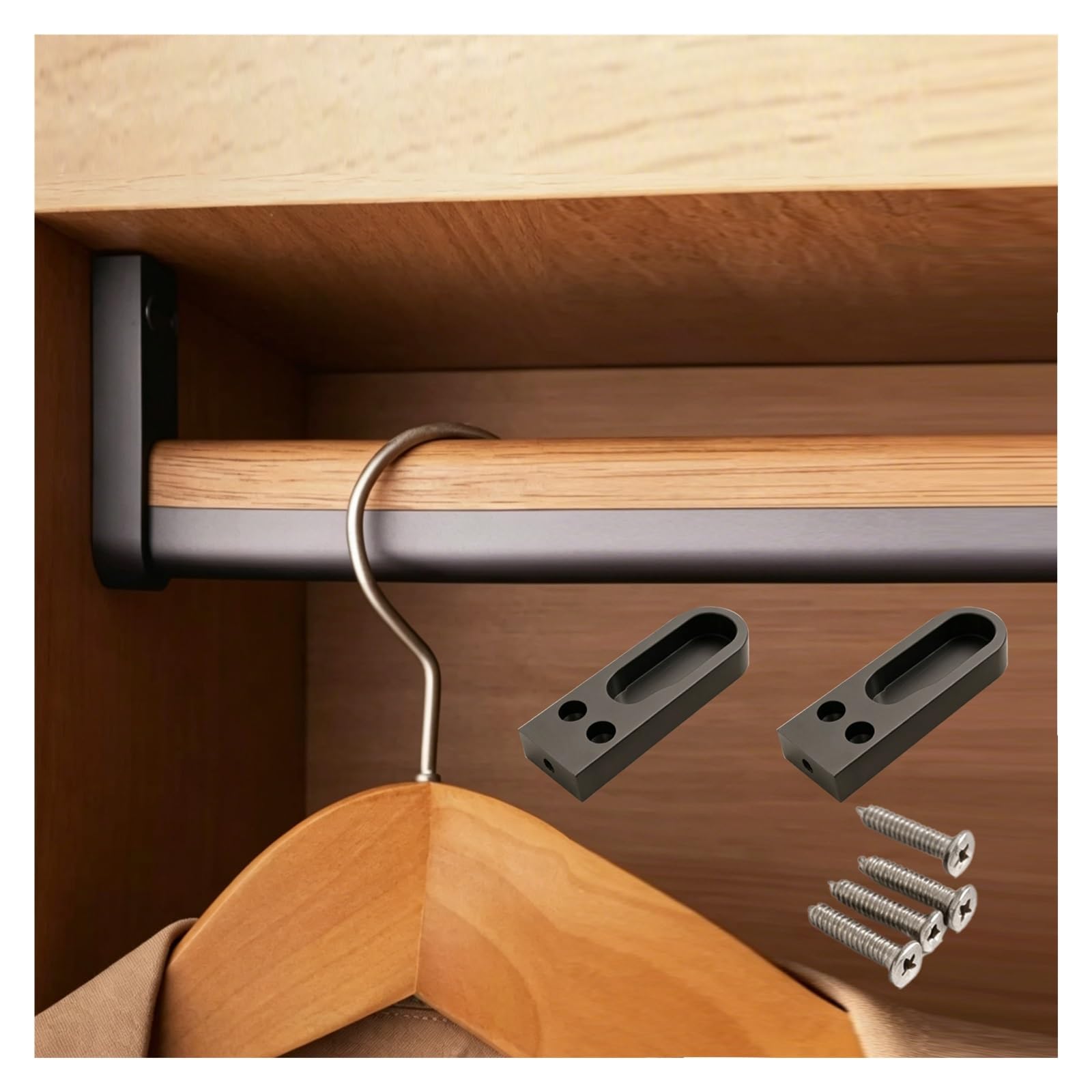 No Rust Closet Rods Custom, Wooden & Aluminum Clothes Hanging Bar for Boutique/Cupboard/Apartment, Detachable Heavy Duty Wardrobe Rod with End Supports(Gray,L 38"/96.6cm)
