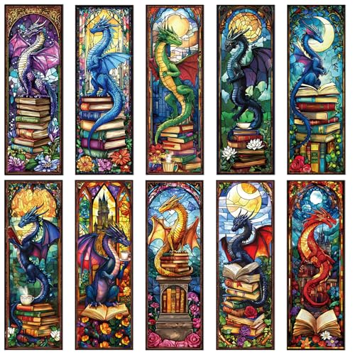 Dragon Stained Glass Transparent Bookmark - Wxiben 10 Pcs Fantastic Transparent PVC Bookmark Cool Dragon Floral Book Mark Page Clips Gifts for Women Men Book Lovers Teacher Student Bookish Readers