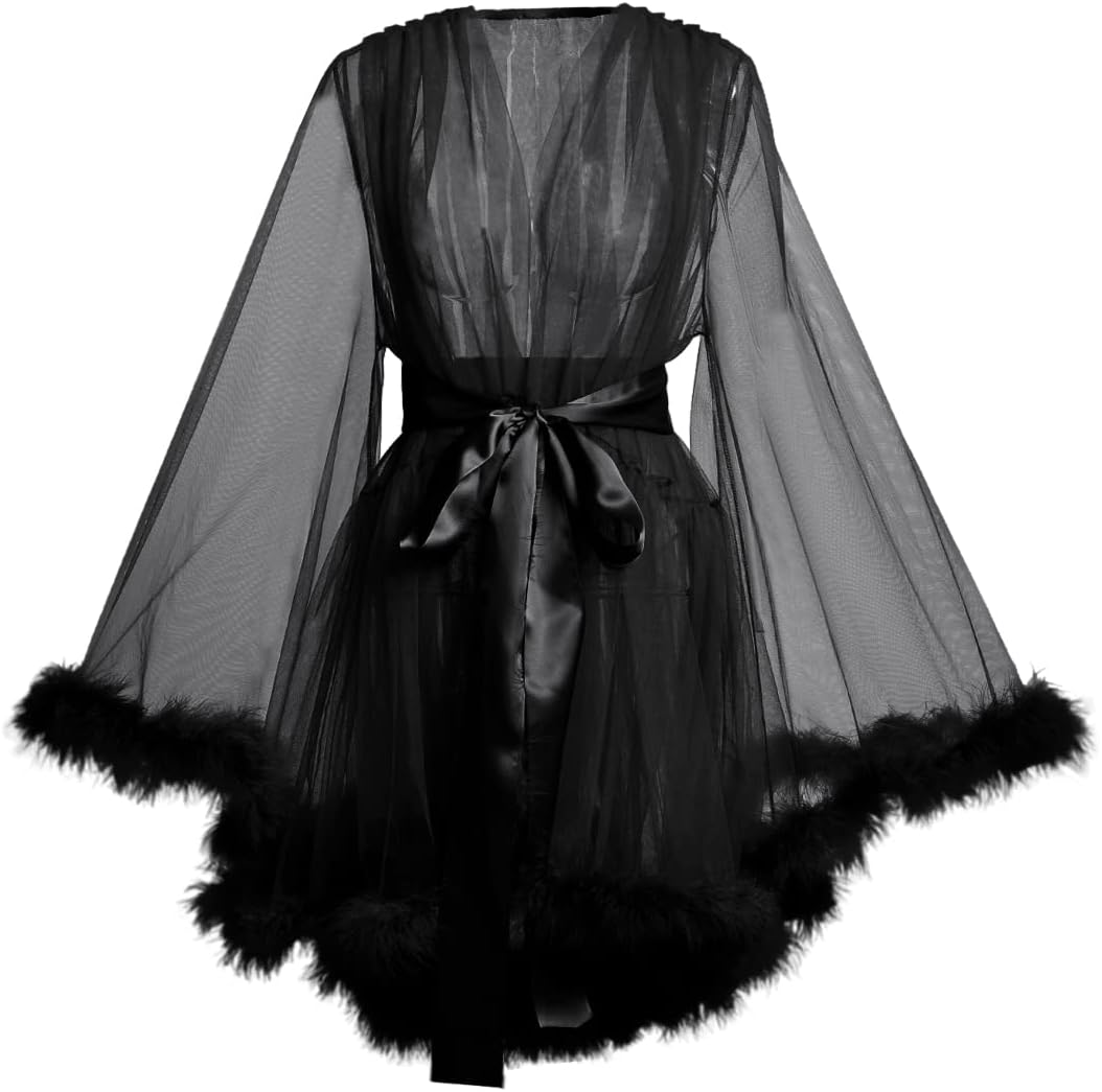 BPURB Women's Tulle Robe with Feather Photoshoot Bathrobe Illusion Wedding Gown for Party