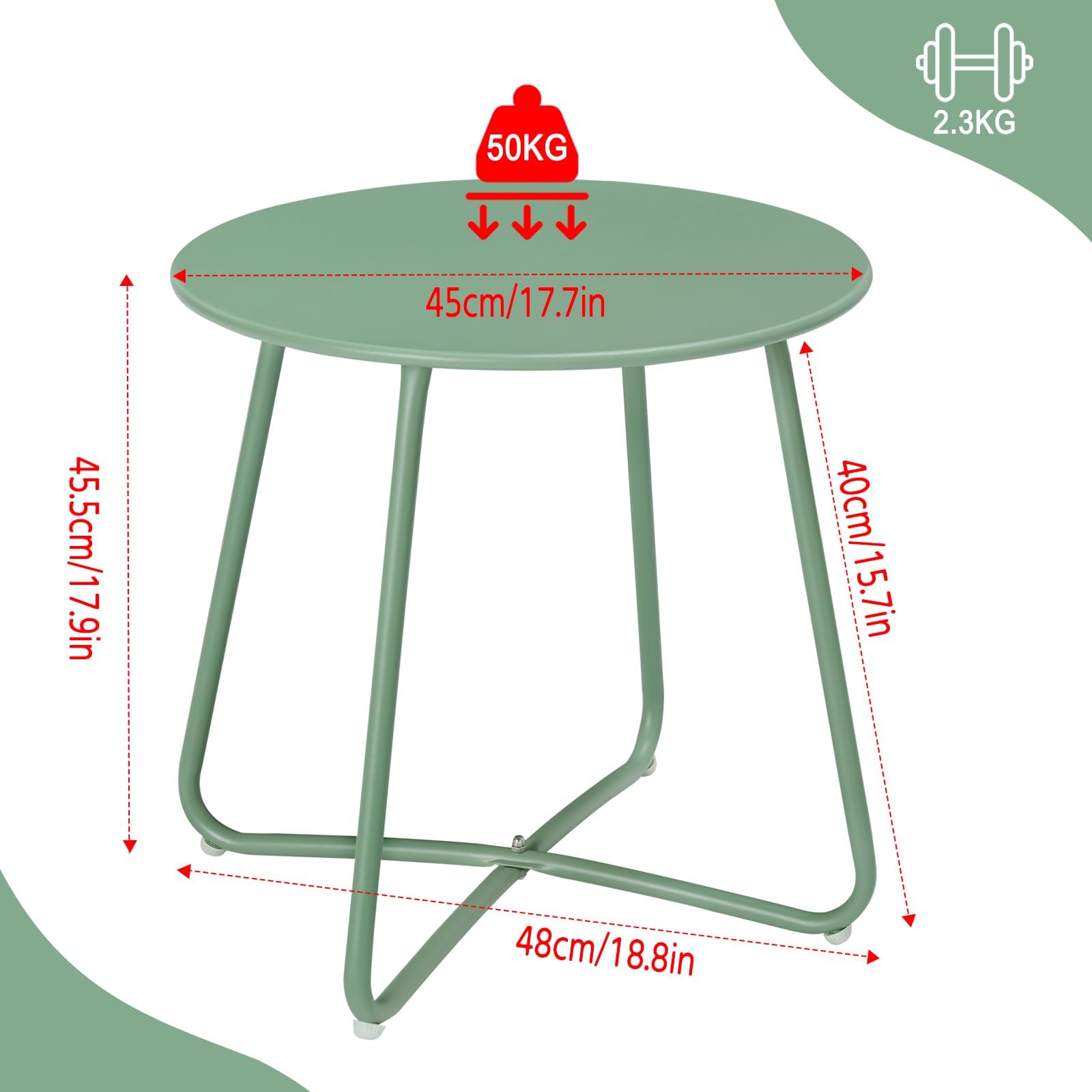 eSituro Tavolo da Giardino, Tavolino da Divano, Tavolino Salotto Rotondo, Tavolino da Balcone, per Interni ed Esterni, Terrazzo, Soggiorno, in Metallo,Verde, Ø48xH45 cm
