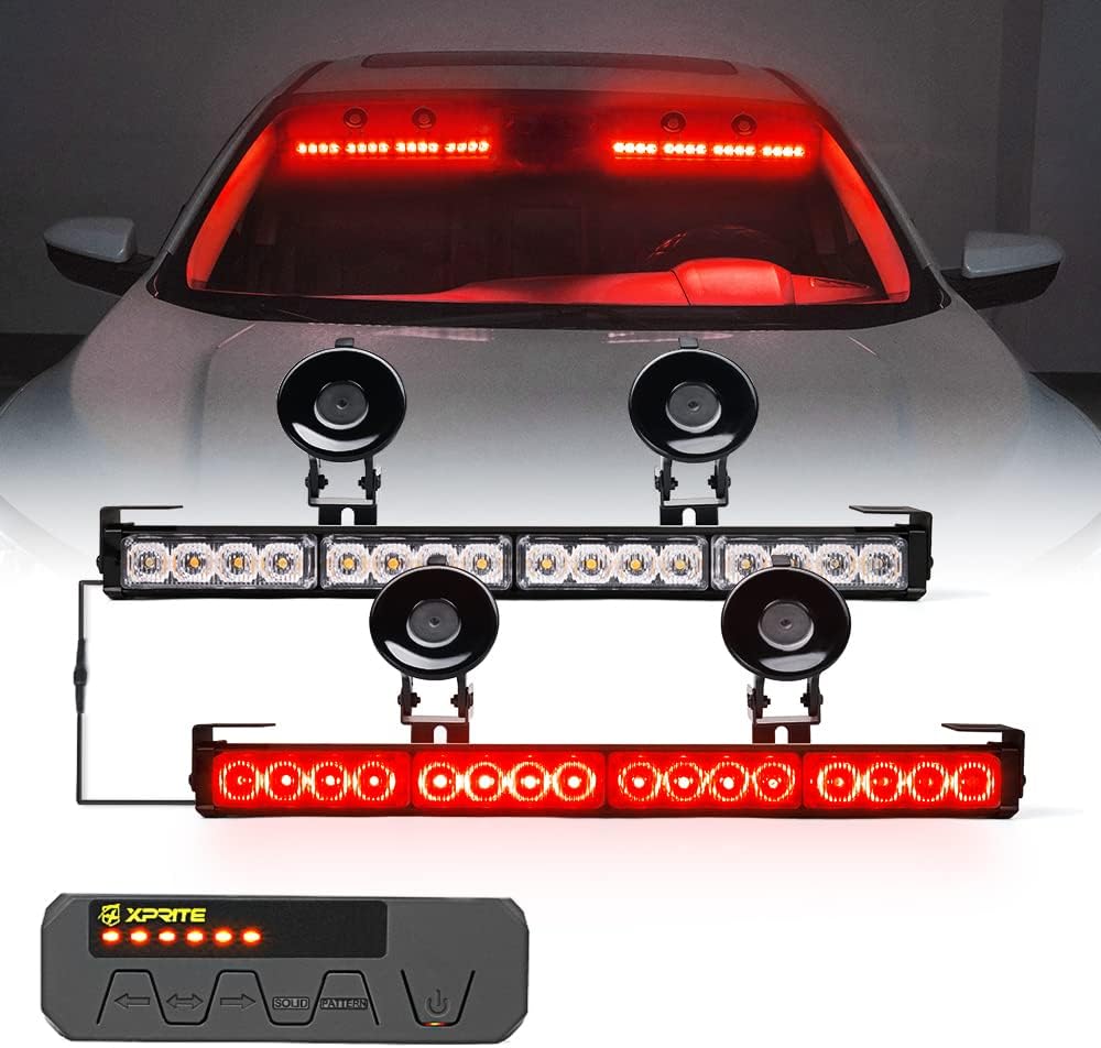 Xprite Red LED Emergency Traffic Advisor Strobe Dual Light Bar w/ Control Box, Windshield Deck Suction Cup Mount Warning Flashing Lightbars, for Ambulance Volunteer POV Firefighter Vehicles Trucks