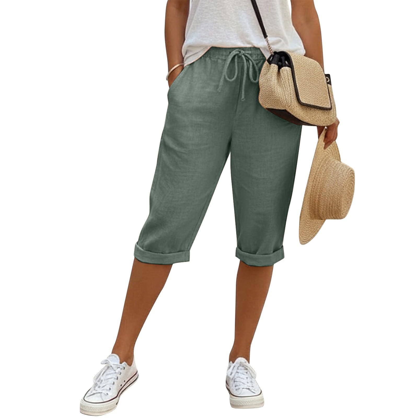 Short Long Femme Ete Fluide Short Femme Coton Lin Leger Taille Haute Bermuda Taille Elastique Pantalon Court Décontracté Couleur Unie Confortable Ample Pantalon de Plage avec Poches