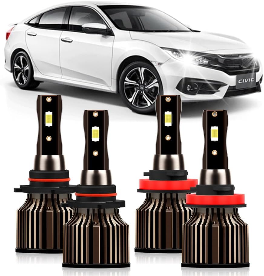 Compatible For Honda Civic Light Bulbs 2016 2017 2018 2019 2020 2021 2022, 9005 HB3 High Beam H11 Low Beam Lights Bulbs Combo, 6000K White, 30000LM 400% Brightness, Plug n Play, Pack of 4