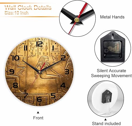 Miniatura 3 de Reloj de pared de jeroglíficos egipcios, arte dorado antiguo, reloj de civilización histórica de 10 pulgadas, silencioso, sin tictac, funciona con