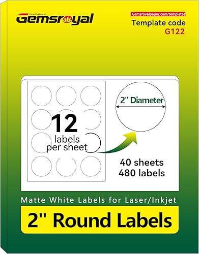 Gemsroyal Etiquetas redondas de 2 pulgadas, 40 hojas, 12 etiquetas circulares por hoja, total 480 etiquetas adhesivas para impresoras Lacer e