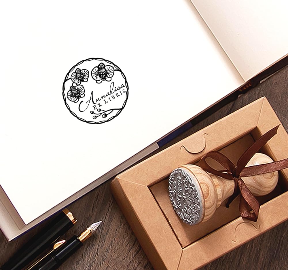 Corona Fiori Orchidea Timbro Personalizzabile, Ex libris Libro Biblioteca Personale, Fatto a Mano Regali in Scatola Regalo Speciale