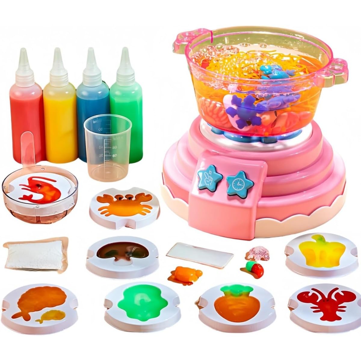 Dlwk Kids Bubble Toy Cookware Set, Soft and Safe DIY 59 Piece Playhouse, Fun Bubble Cooking Simulation, Portable Pretend Play for Girls and Boys, Pink, Edison, Squishy (Pink, 4 Pieces)