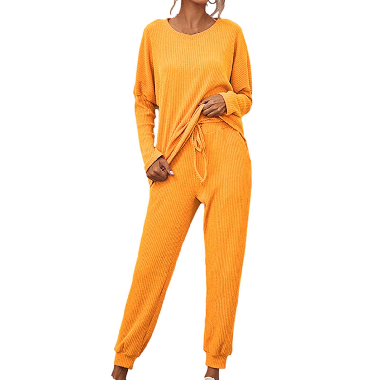 Womens Pyjamas Set Knit Strips Lounge Wear Sets Soft Nightwear Sleepwear 2 Pieces Outfits Long Sleeves Crew Neck Tunic Tops Drawstring Straight Leg Trousers Solid Homewear Pjs Suits S-5XL