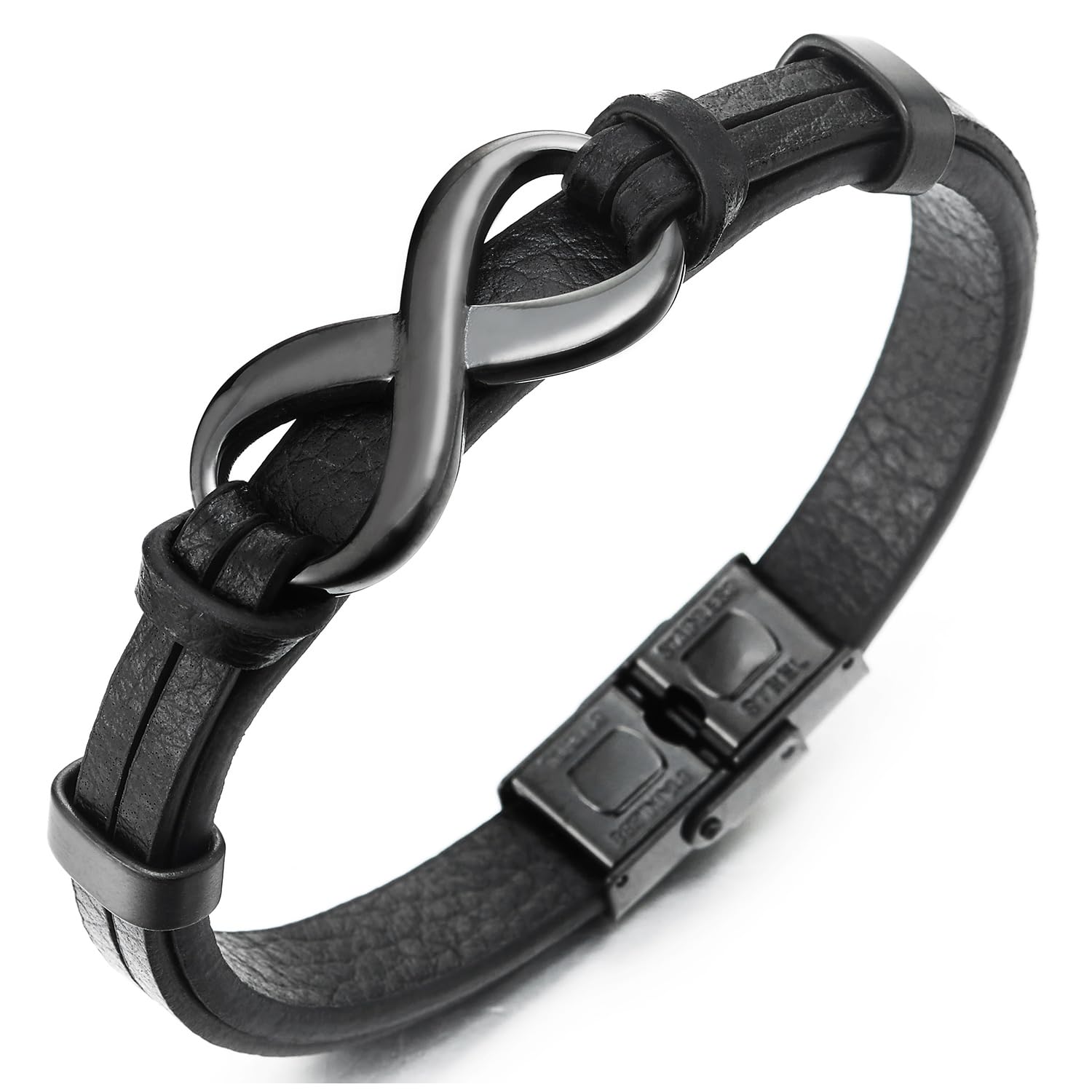 COOLSTEELANDBEYOND Negro Acero Inoxidable Amor Infinito Número 8 Cuero Pulsera Brazalete de Hombre de Mujer