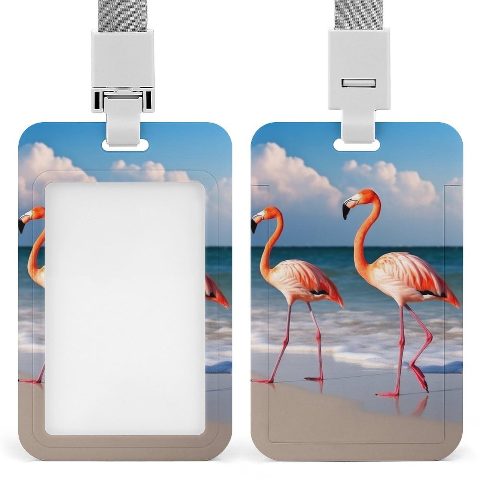 ID Card Holders for Lanyard,Flamingo On The Beach Printed Badge Holder with Clear Window,Plastic Vertical Bus Pass Holders for Work Teacher Nurse Employees Proximity Key Cards Women Men