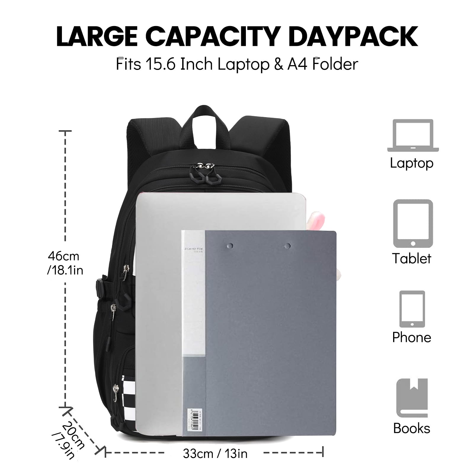 Amythe Sac a Dos Fille, Cartable Primaire Etanche pour Enfant, Sacs à Dos Scolaire Loisir Nylon, Sac D'école Filles Adolescent Pour L'école et les Voyages -Noir