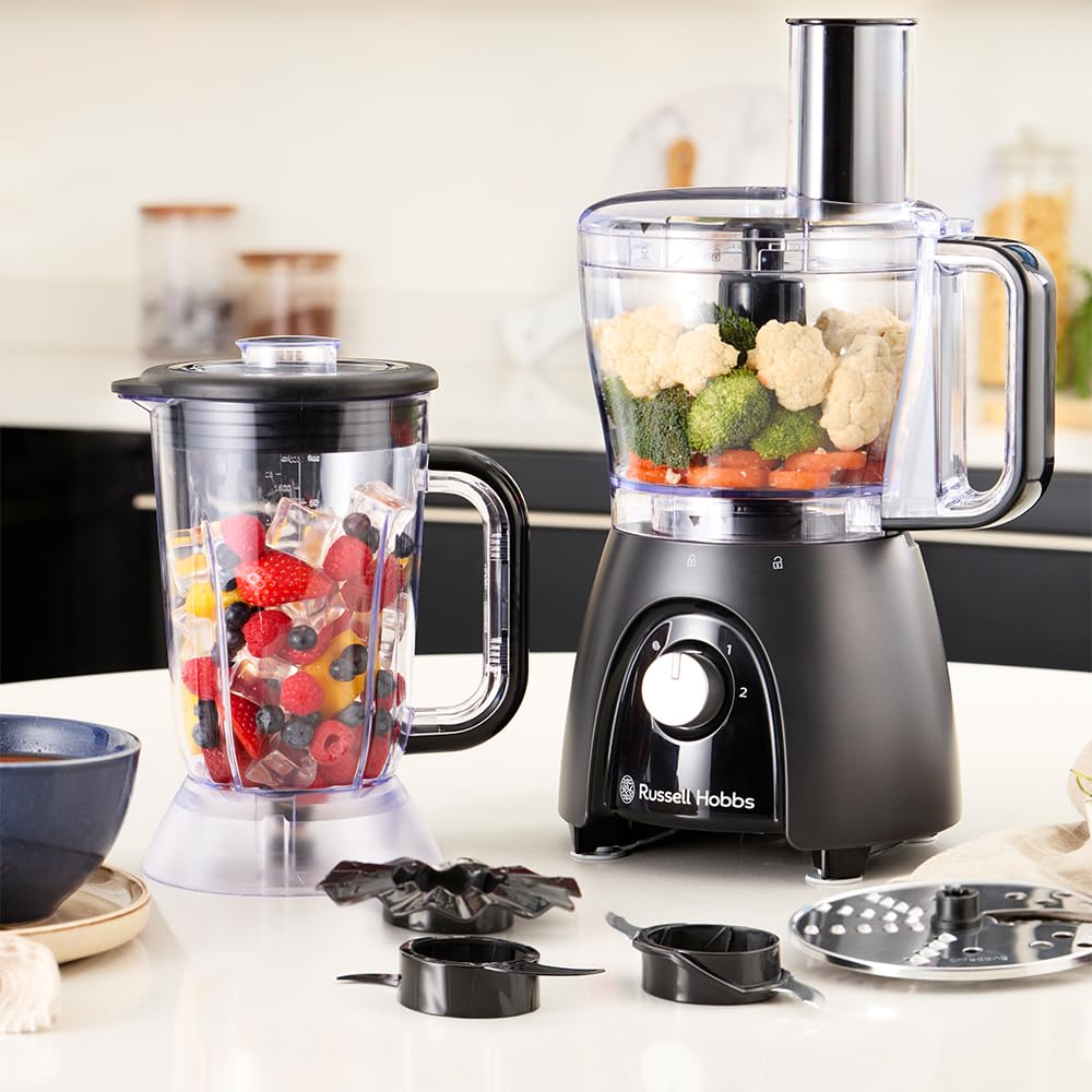 Russell Hobbs Procesador de alimentos, batidora/picadora/molinillo/cortador de verduras en rodajas, con jarra, amasa, cortar en rodajas, pica y ralla, 900 W max, Desire Matte Charcoal 27111-56