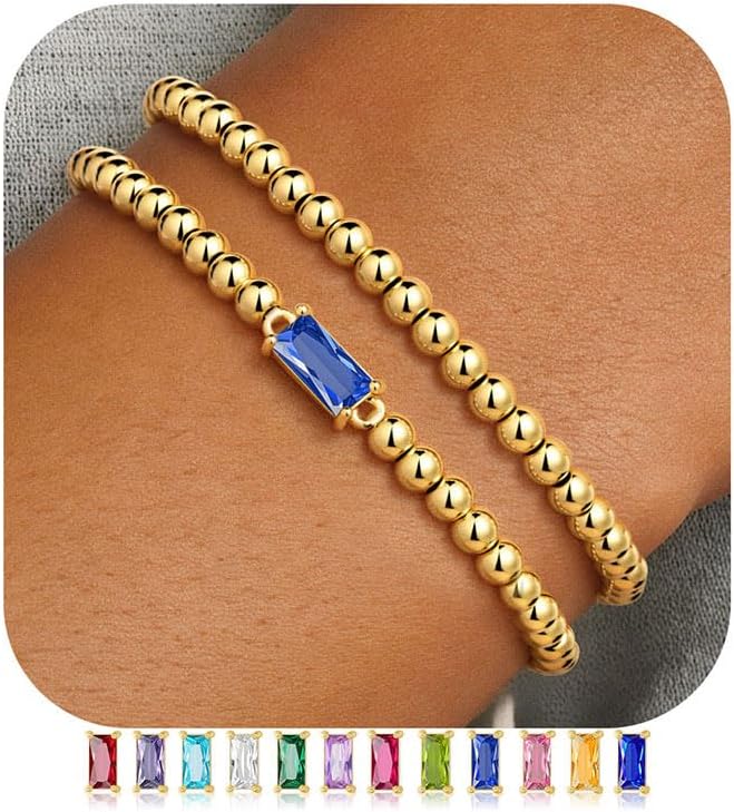 Ursteel Valentines Gifts for Her Kids Girls, Elastic Birthstone Bracelet for Women 14K-Gold-Plated Beaded Bracelet Non Tarnish Trendy Birthstone Jewelry Birthday Gifts for Women