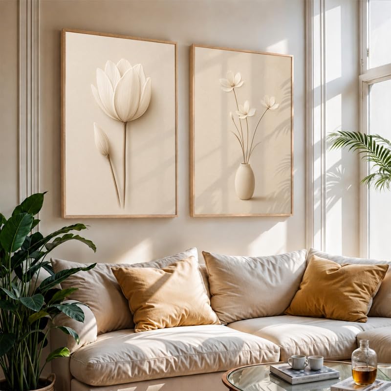 Image of NoWorries Minimal Lotus Flower Wall Painting Set of 2 with Frame | Soft White Floral & Vase Botanical Artwork, Neutral Beige Nature Wall Decor for Living Room, Bedroom, Office and Home Decoration (Art-5, 17x25inch)