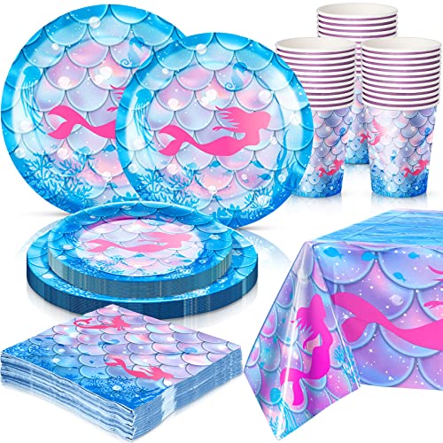 195 Pcs Mermaid Party Supplies Tableware Set Mermaid Disposable Paper Dinnerware with Tablecloth Serve 48 9 7 Dinner Dessert
