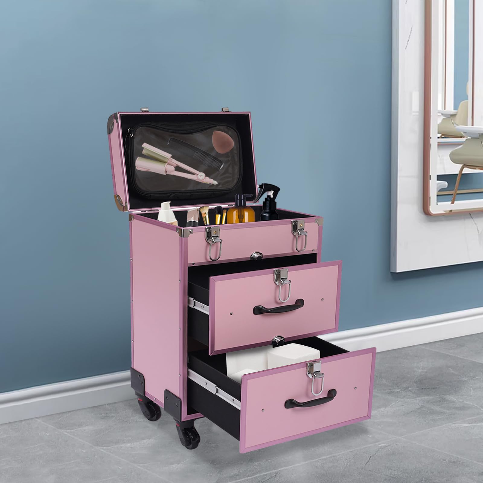Rollkoffer Kosmetikkoffer Schminkkoffer Friseurkoffer Make-up-Organizer Pink Aluminiumlegierungsrahmen Universalräder