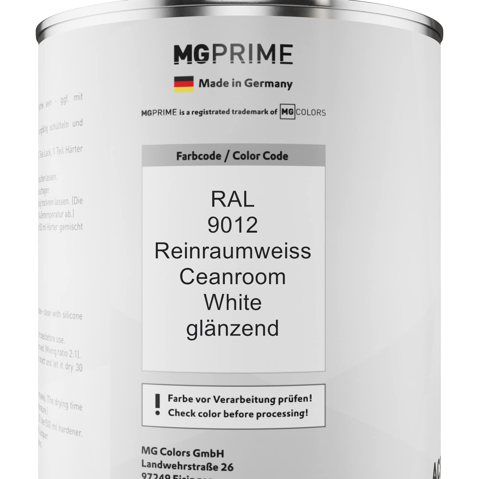 MG PRIME RAL 9012 Ceanroom White/Reinraumweiss Brillant Stylo Retouche 50ml à Séchage Rapide