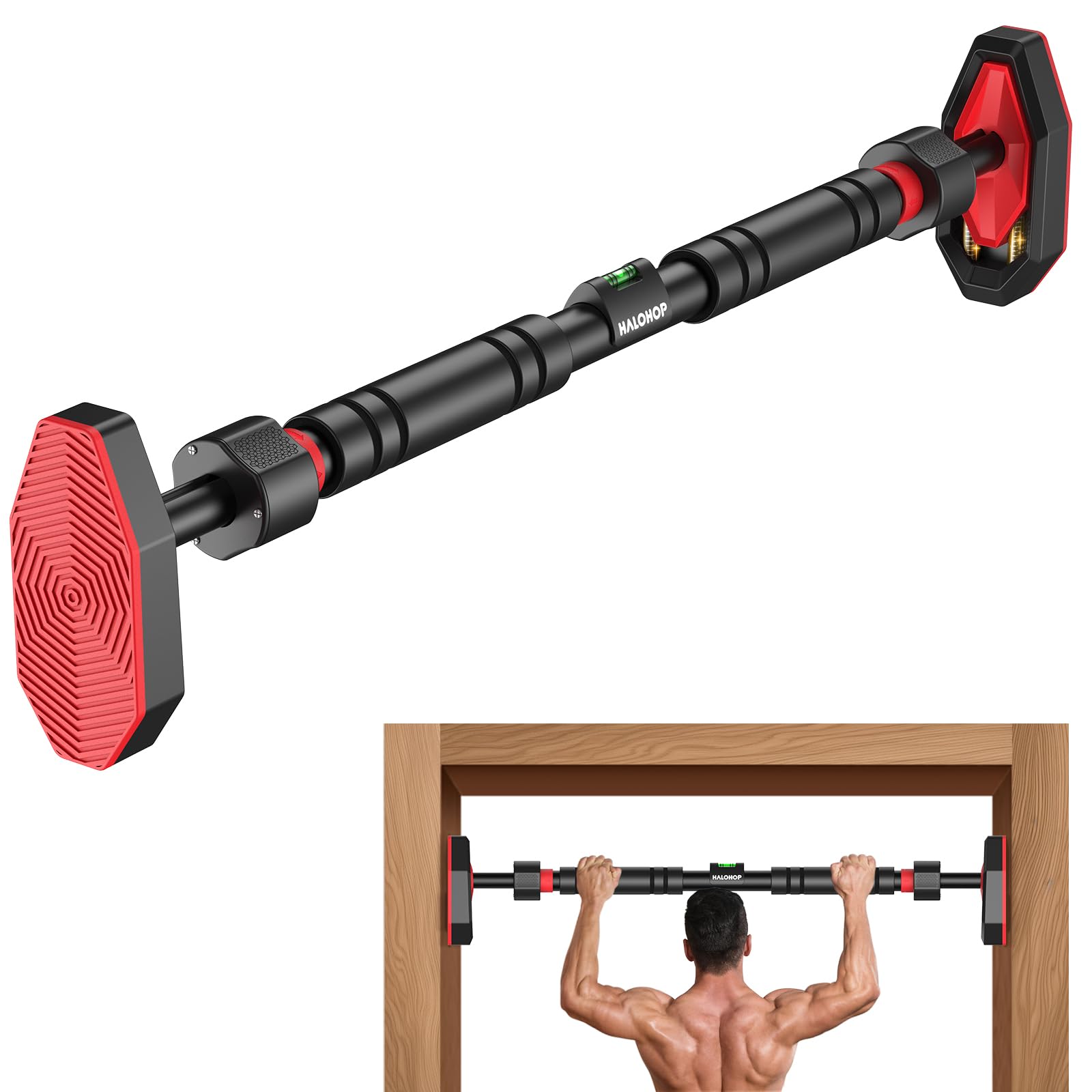 Halohop Pull Up Bar for Home Workout - Chin Up Bar Max Load 200 KG -Adjustable Rod 65cm to 100cm Width, No Screws Door Way Hanging Bar Gym Accessories for Men and Women (Black)