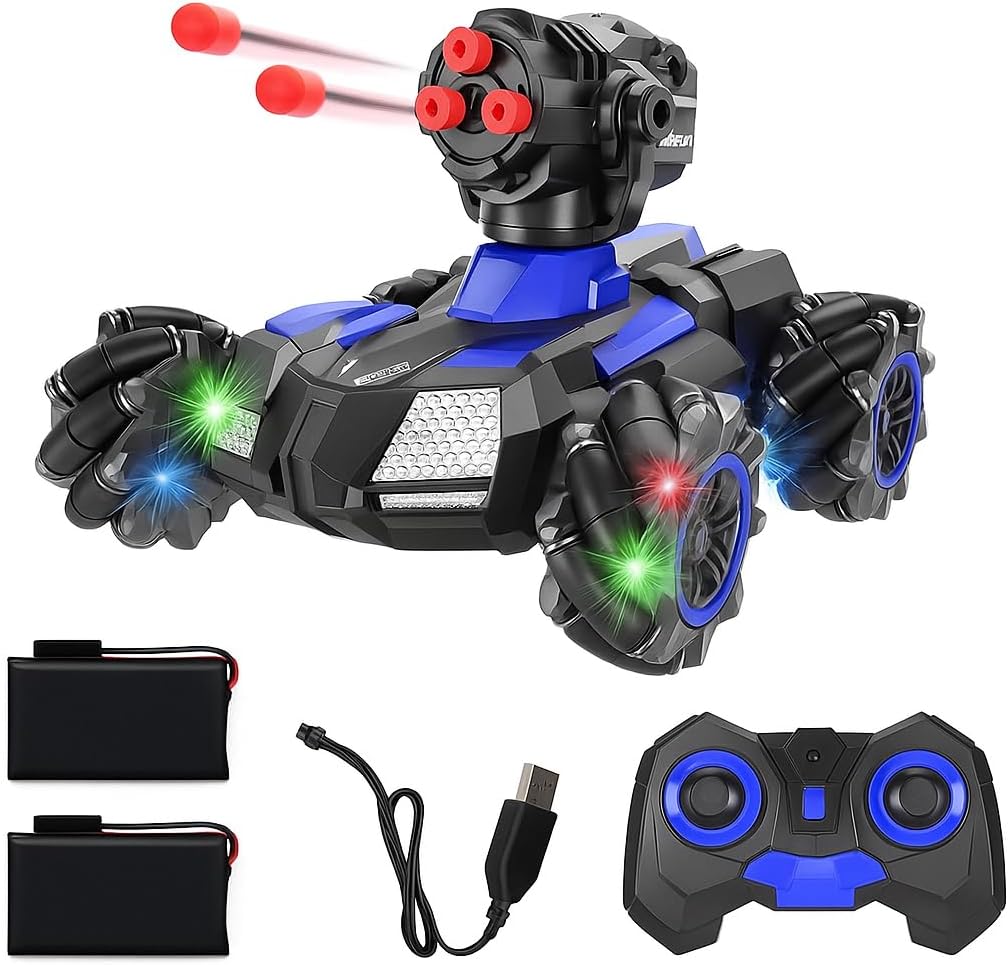 Fitto Remote Control blue Tank with Shooting 180° Rotating Shooting & 360° Rotating Vehicle, climbing rock with shooting safety bullets, colorful LED car toy for boys