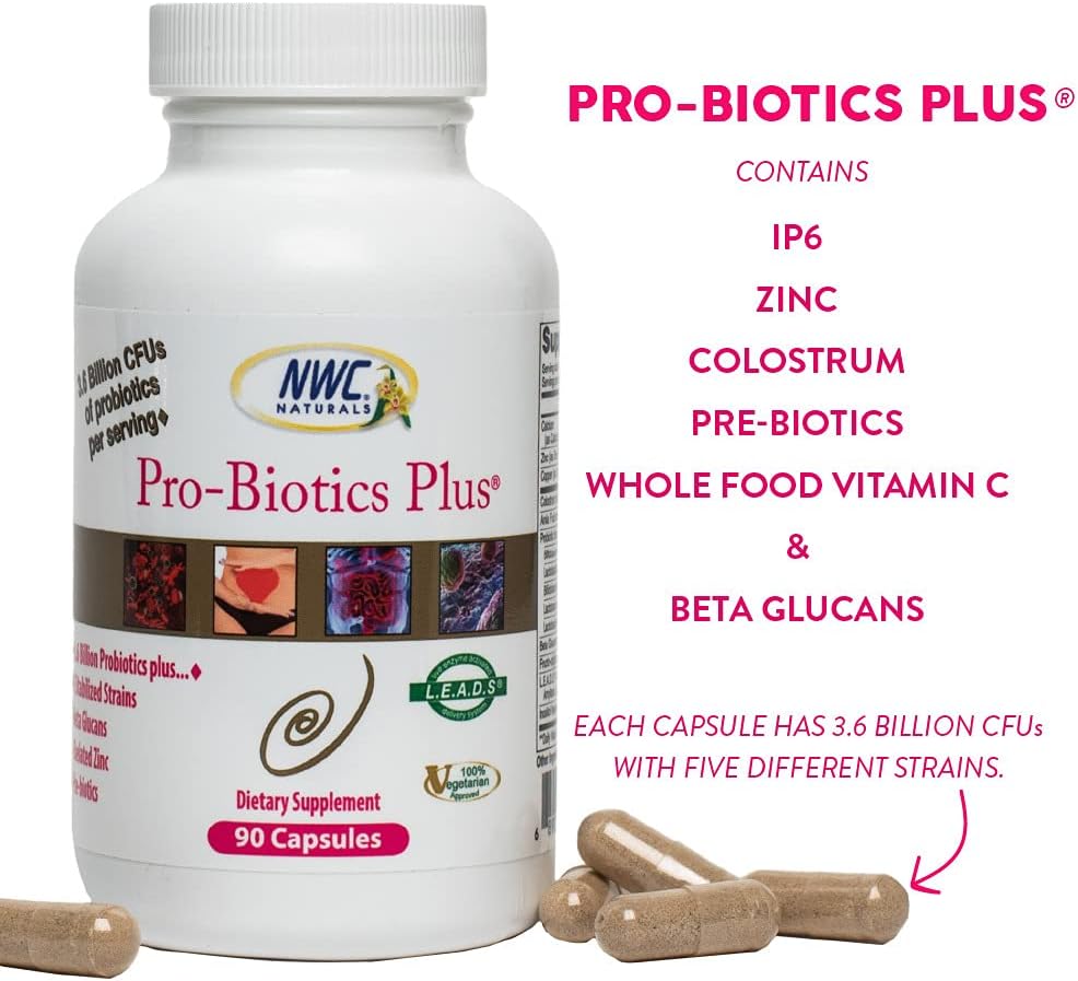 NWC Naturals Pro-Biotics Plus, Natural Probiotics for Men, Women and Kids, Immune System Support Vegetarian Supplement, Supports Good Digestive Health, Probiotic and Prebiotic, 90 Capsules