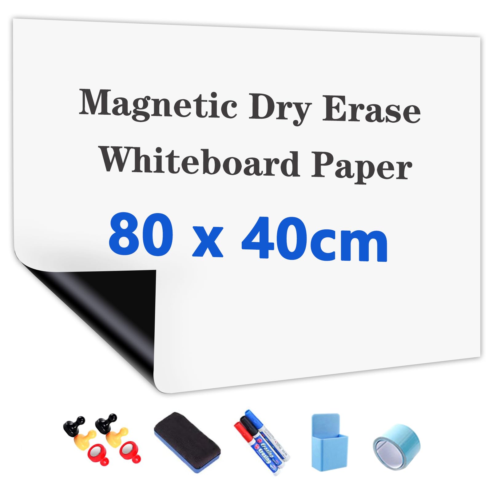 Self-Adhesive Magnetic Whiteboard Paper, Whiteboard Film Stick on Wall for School/Home/Office, Include Dry Wipe Pens, Eraser, Magnets,80x40cm