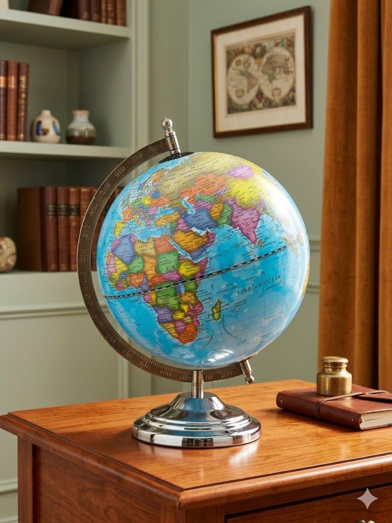 Vintage & Illuminated World Globe – Rotating Earth Map with Metal/Wood Base | Desk Décor for Study, Office & Home (Illuminated World Globe)