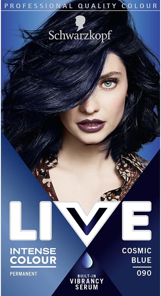 Schwarzkopf LIVE Intense Colour, Long Lasting Permanent Black Blue Hair Dye, With Built-In Vibrancy Serum, Up To 100% Grey Coverage, Cosmic Blue 090