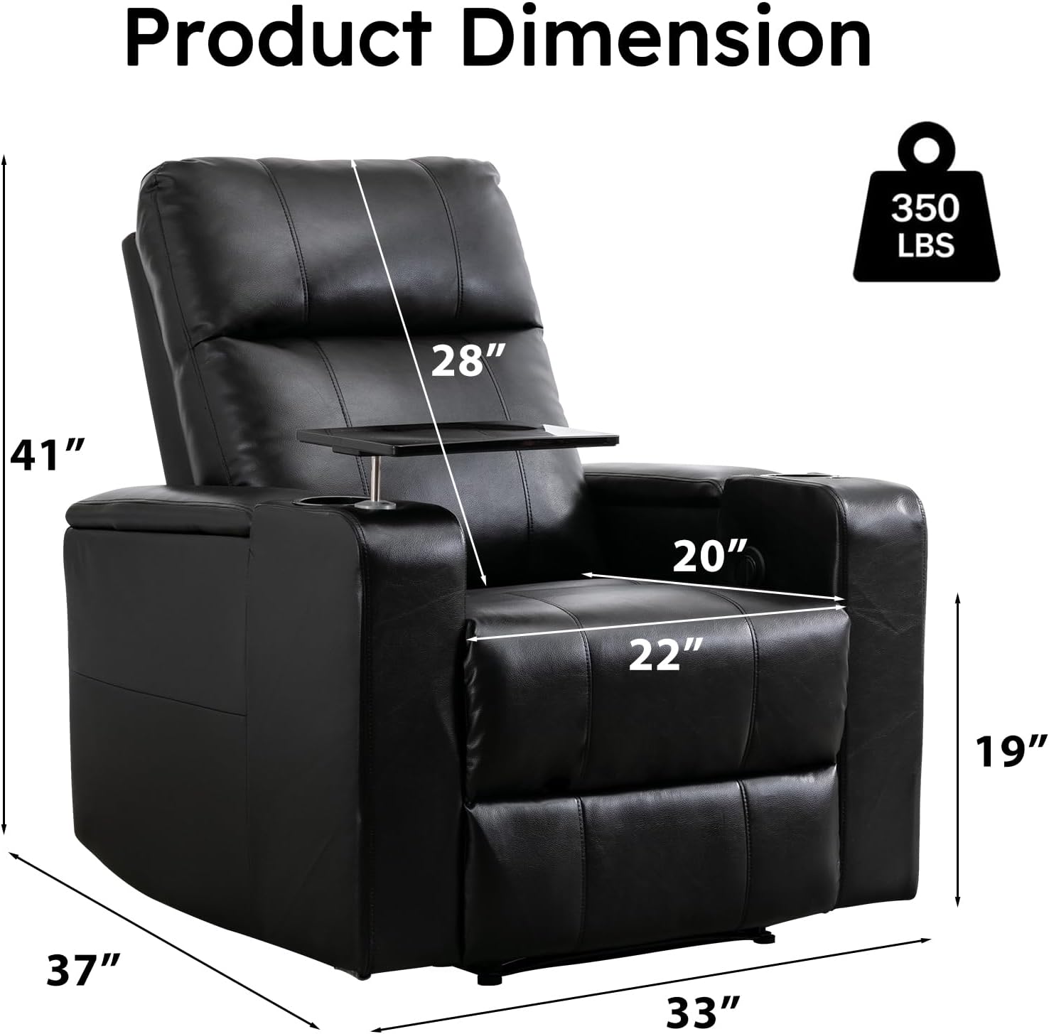 ANJ Home Theater Seating Power Recliner with Hidden Arm Storage Set of 4, Faux Leather Recliners with Tray Table, Electric Movie Reclining Chairs with USB Ports & Cup Holders for Media Room, Black
