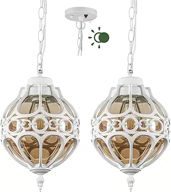 Dusk To Dawn Globe Outdoor Pendant Lights, White Porch Hanging Lantern Pendant Lighting, Outside Aluminum Waterproof Adjustable Ceiling Light, Vintage Amber Glass Exterior Chandelier 2 Pack