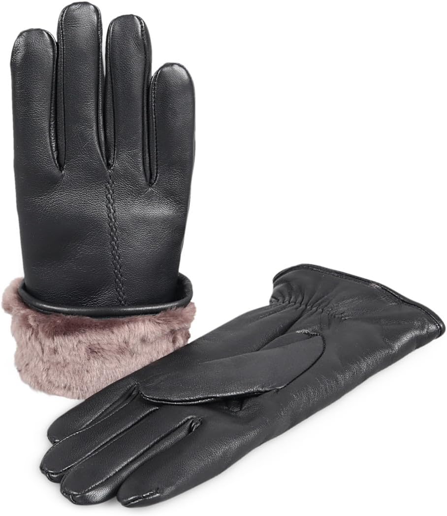 Women’s Shearling Sheepskin Lined Leather Gloves - Winter Gloves for Driving, Walking, and Cold Weather Black Large