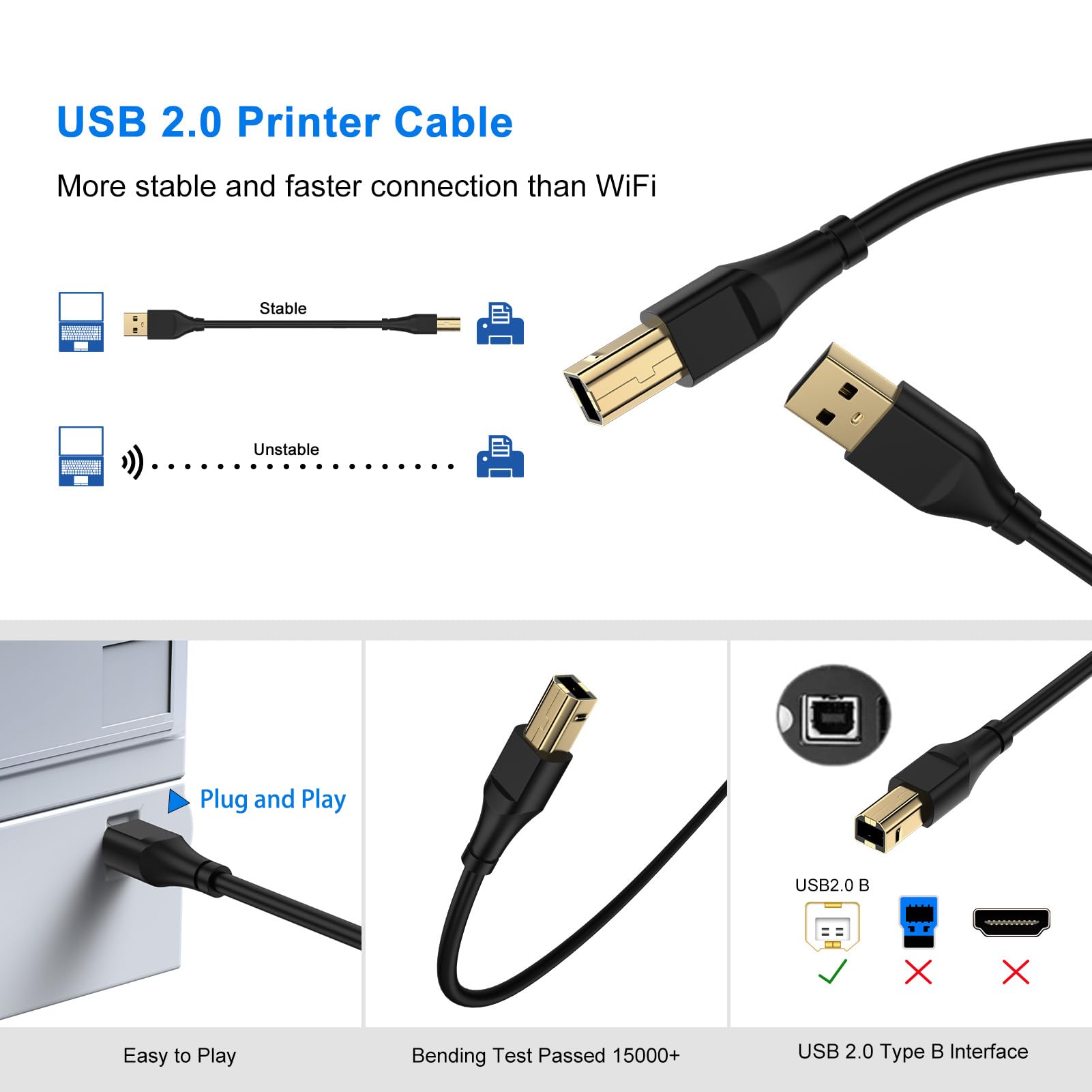Druckerkabel, USB-A auf USB-B-Kabel, Hochgeschwindigkeits-Scanner-Druckerkabel für HP, Canon, Dell, Epson, Brother, Lexmark, Xerox, Samsung, Piano DAC und mehr, 3 m, Schwarz