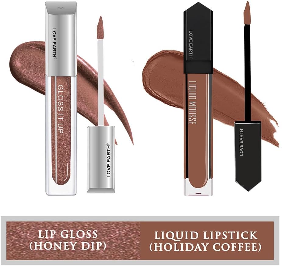 Lipstick & Lips Gloss Combo| Includes Honey Dip Liquid Gloss - 3ml & Holiday Coffee Mousse Lipstick - Matte Finish - 6ml