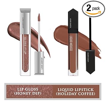 Love Earth Liquid Lipstick & Lips Gloss Combo| Includes Liquid Lip Gloss -Honey Dip-3ml & Liquid Mousse Lipstick - Holiday Coffee Matte Finish-6ml