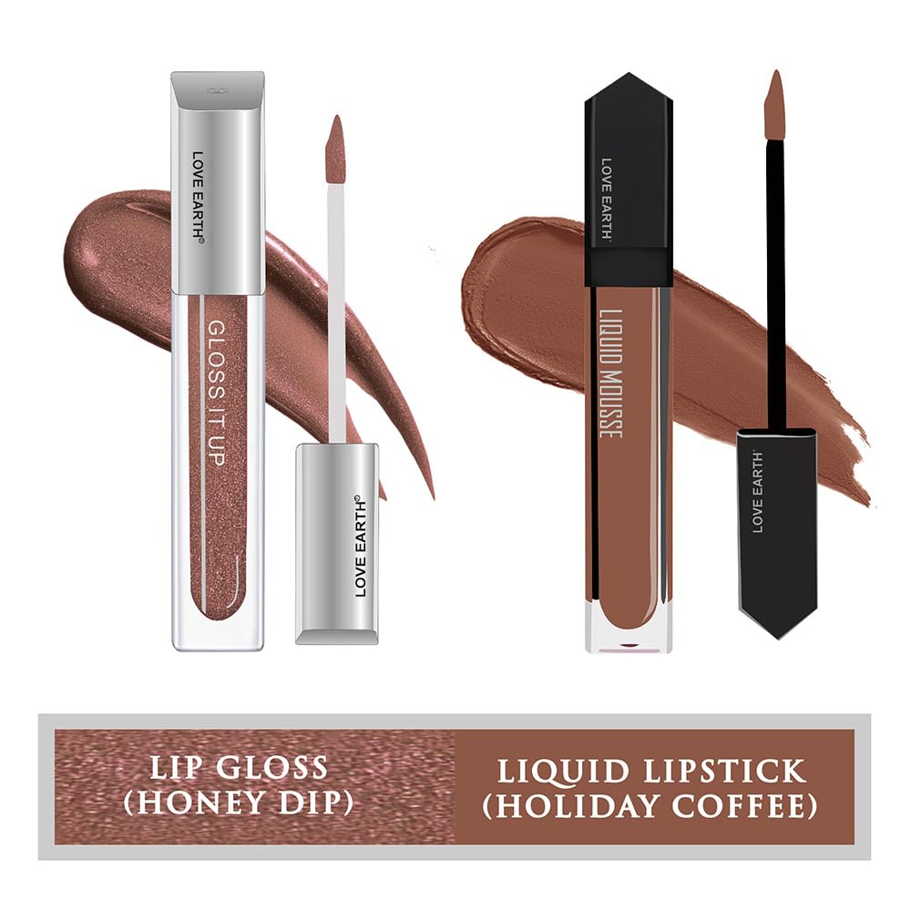 Lipstick & Lips Gloss Combo| Includes Honey Dip Liquid Gloss - 3ml & Holiday Coffee Mousse Lipstick - Matte Finish - 6ml