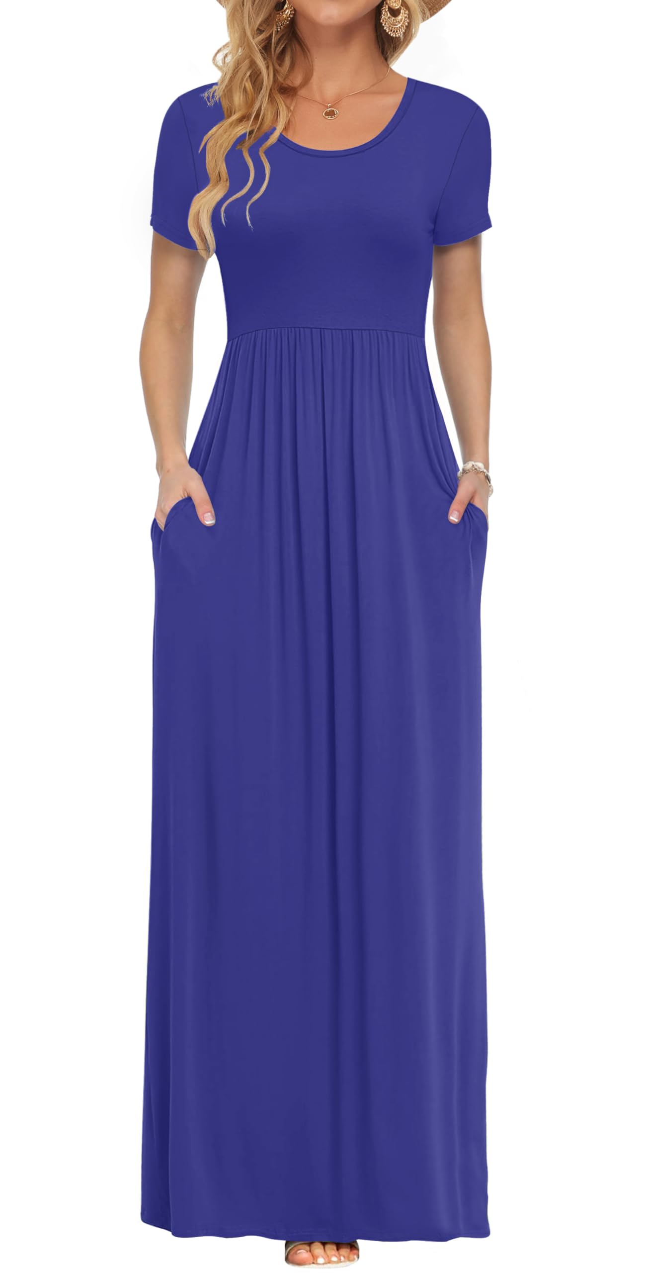 AUSELILY Women's Summer Short Sleeve Loose Plain Casual Long Maxi Dresses | Year Round wear solid floral print, Casual wear, Empire waist, Floor length, Side pockets