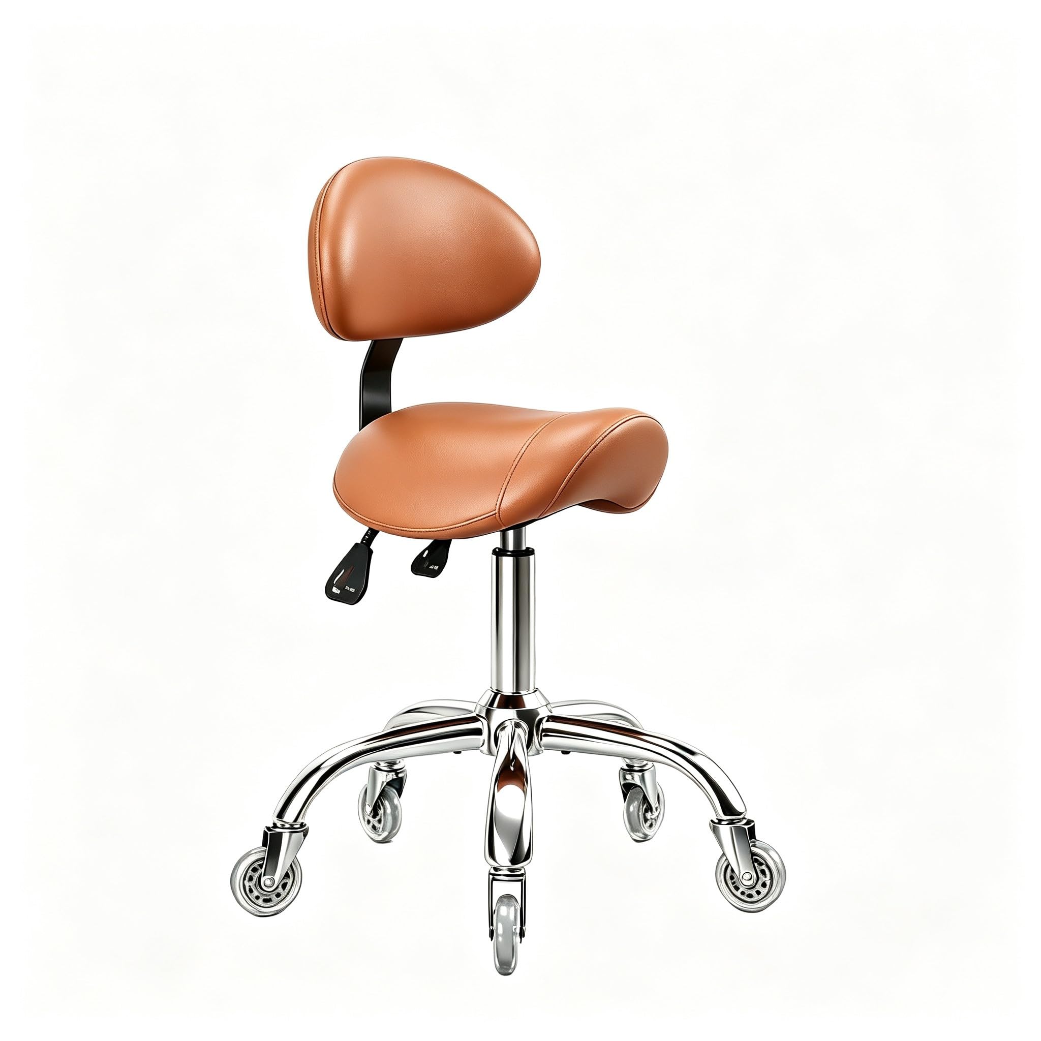 Saddle Stool with Back Support, 350LBS Ergonomic Rolling Chair, Brown | 350 LBS Load, Height Adjustable, 360° Swivel Casters, Ergonomic Backrest, Multi-Use for Salon, Tattoo, Spa, Dentist