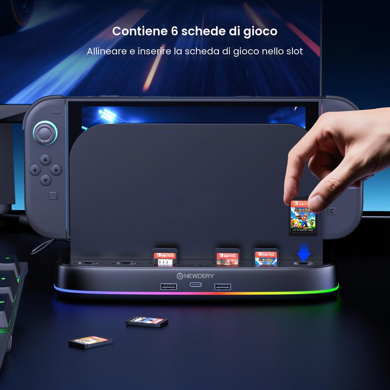 NEWDERY Ventola Compatibile con Nintendo Switch 2, Spazio per 6 Carte di Gioco & 3 Uscite USB, Raffreddatore Switch 2 con Illuminazione RGB, Doppia Ventola a 3 Velocità