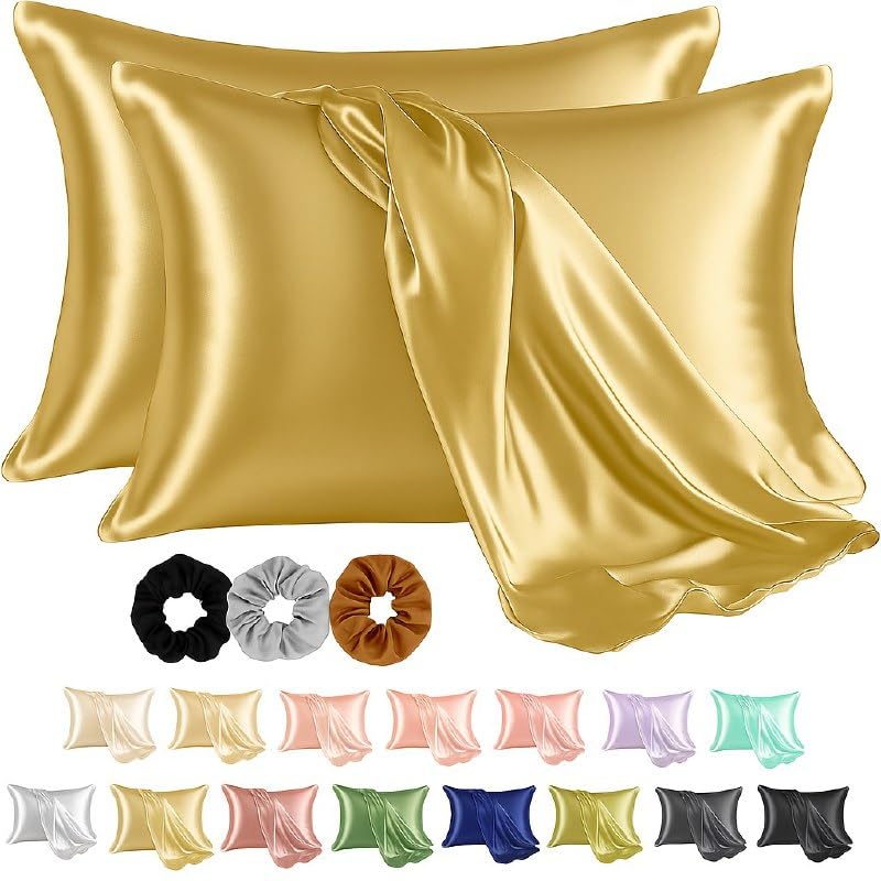 Craftelio® 2 Pcs Satin Pillow Covers for Hair & Skin with 3 Free Scrunchies – Soft, Cooling, Silk-Like Pillowcases Standard Size for Women & Men, Anti-Frizz, Breathable & Gift-Ready (Gold)
