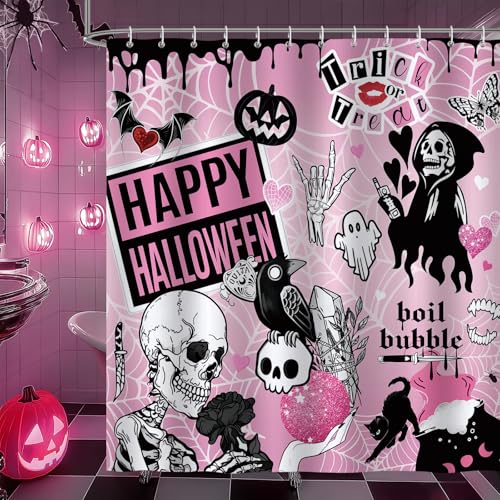 Bonhause Duschvorhang Horror Halloween Skelett Lustiger Duschvorhänge 180 x 180 cm Anti-Schimmel Wasserdicht Polyester Stoff Waschbar Bad Vorhäng für Badzimmer mit 12 Haken