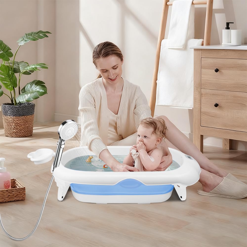 Vasca da bagno pieghevole con cuscino di supporto per il bagno, con cuffia da bagno impermeabile, supporto, termometro, pieghevole compatto e facile da pulire