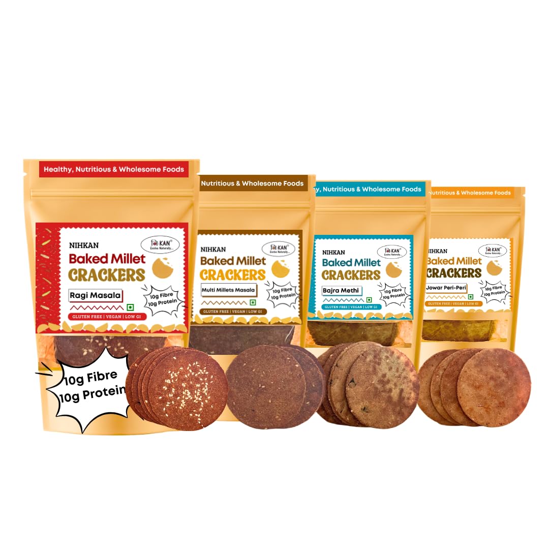NIHKAN Millet Crackers - No Wheat | No Maida | High protein | High Fibre - Handmade, Roasted & Baked | Healthy Millet Khakhra | Chai time guilt free snacks - No Preservatives & No Baking soda - 4 packs -100g each (All Flavours Combo)
