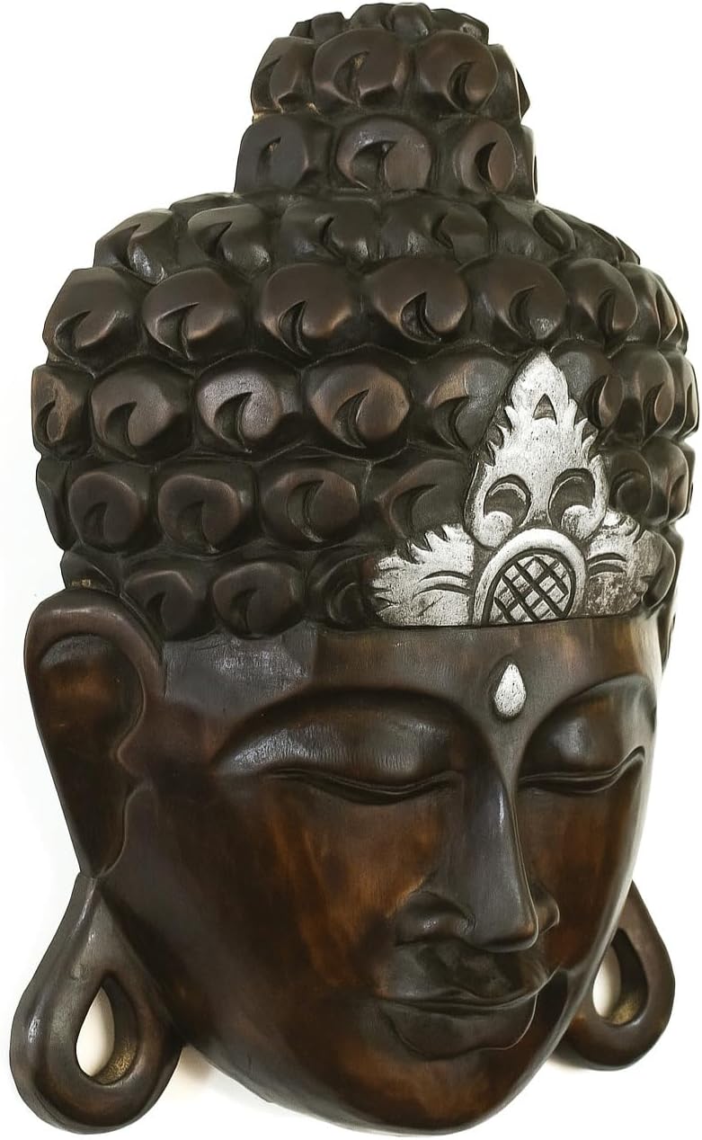 G6 Collection 12" Wooden Wall Mask Serene Buddha Head Statue Hand Carved Sculpture Handmade Figurine Gift Home Decor Accent Art Wall Hanging Decoration Buddha Face Mask (Black - Silver Crown)