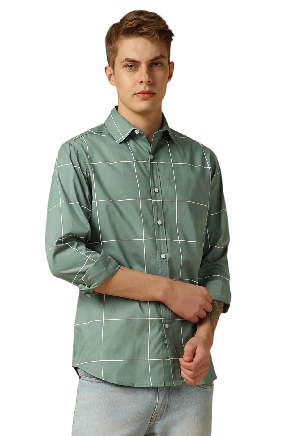 Dennis Lingo Men’s Full Sleeve Spread Collar Checkered Regular Fit Casual Shirt