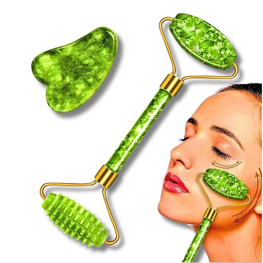 Kit 2 Massageador de Jade Natural Facial – Rolo de Jade, Pedra Gua Sha e Bolinha