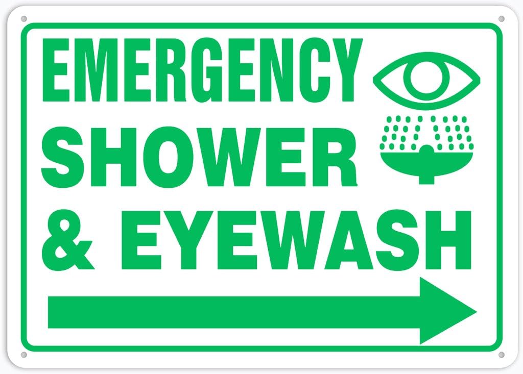 8"x12" Aluminum Tin Sign Plate - Emergency Shower & Eyewash Right Arrow - Safety Restriction Alert, Caution Warning Notice